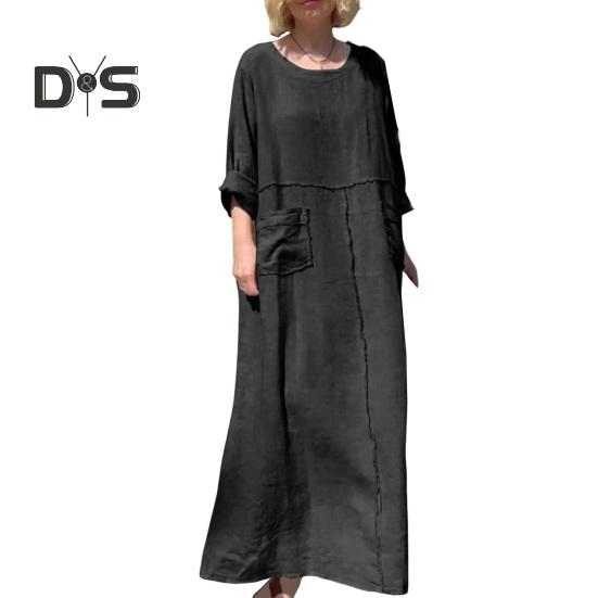 Женское платье с длинными рукавами, свободное однотонное длинное платье с карманами, ретро-стиль, платье трапециевидной формы с круглым вырезом для офиса, повседневной жизни, пляжной вечеринки