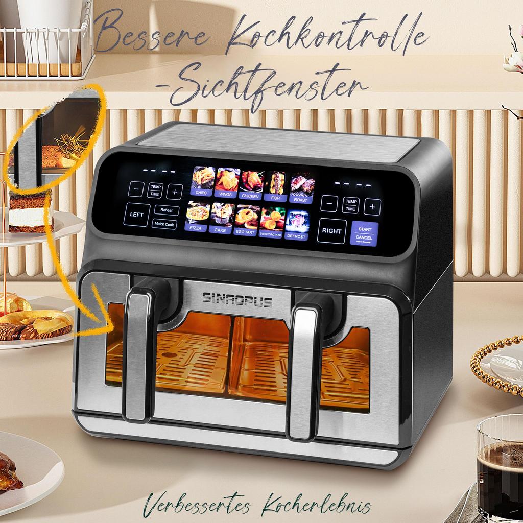 9L Dual Chamber Air Fryer, 2200W Powerful, Viewing Window, Color Led Display, Single and Double Baskets Adjustable