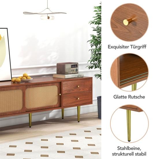 Living Room TV Stand Spacious Countertop Cabinet with 2 Drawers Two Rattan Bedroom Media Console Sliding Doors Metal Legs Furniture