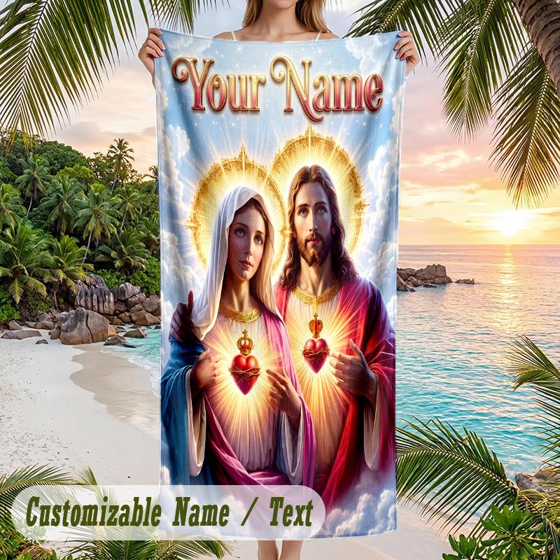 Virgin Mary Theme Beach Towel Personalized Custom Name & Text Soft Quick Dry Beach Towel for Swimming Travel