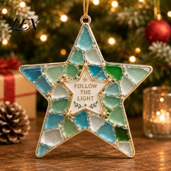Coastal Style Holiday Decor 2Pcs Sea Glass Christmas Ornament, Seaglass Heart Bird Angel Tree Star Decorative Acrylic Pendants Snowman Pendant,