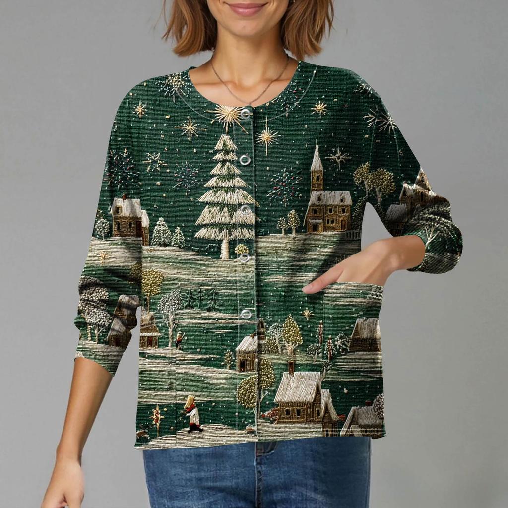 Женский повседневный кардиган на одной пуговице с длинным рукавом и принтом на рождественскую тематику