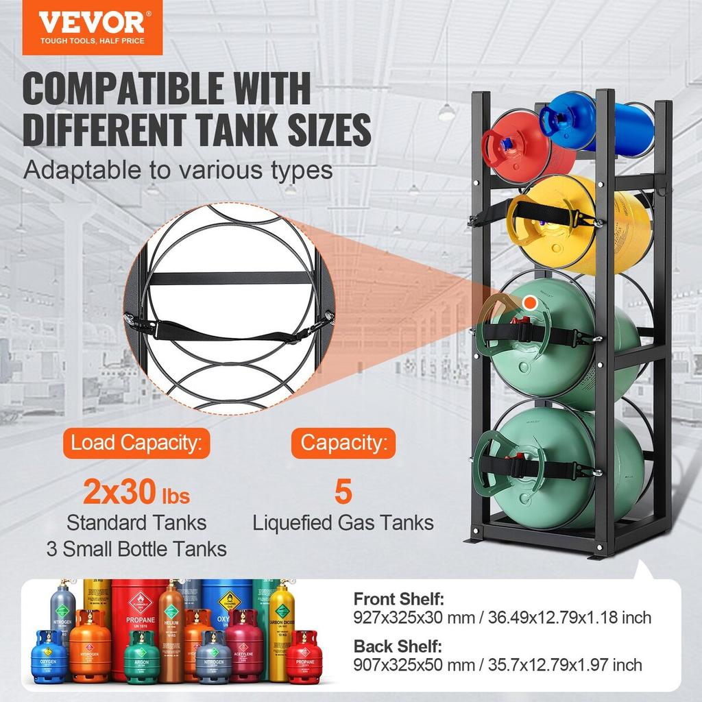 Refrigerant Tank Rack, with 2 x 30lbs and Other 3 Small Bottle Tanks, Cylinder Tank Rack 12.79x12.99x47.12 in, Refrigerant Cylinder Rack and Holders