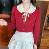 Fashion Sweet Peter Pan Collar Knitted Shirt for Women Autumn and Winter Slim Long Sleeve Women's Blouse Vintage Solid Bow Tie Ladies Tops 24742