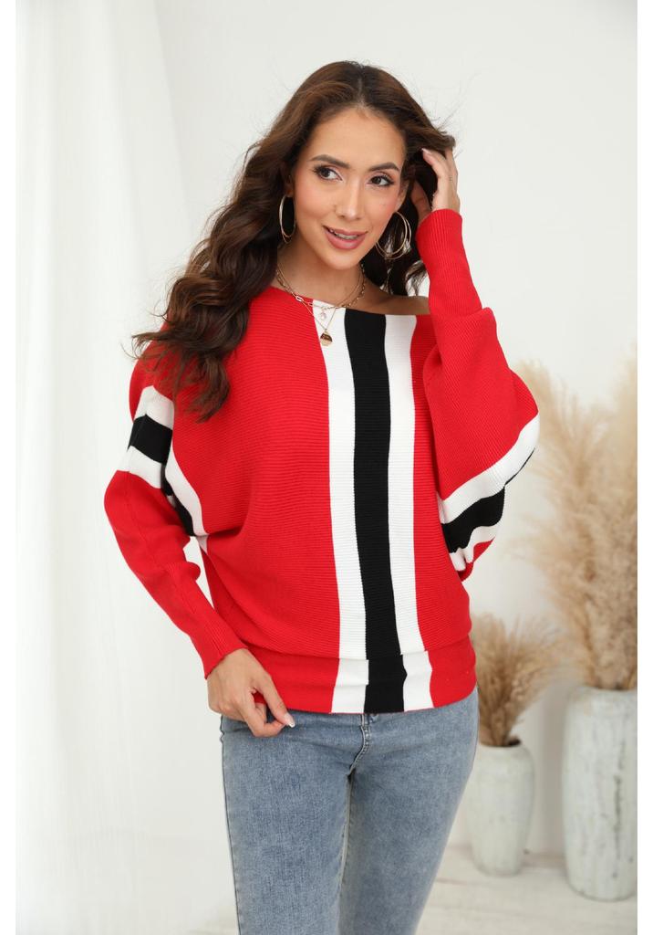2023 Fall/Winter Women's Plus Size Ribbed Batwing Sweater - One-Shoulder Loose Striped Top