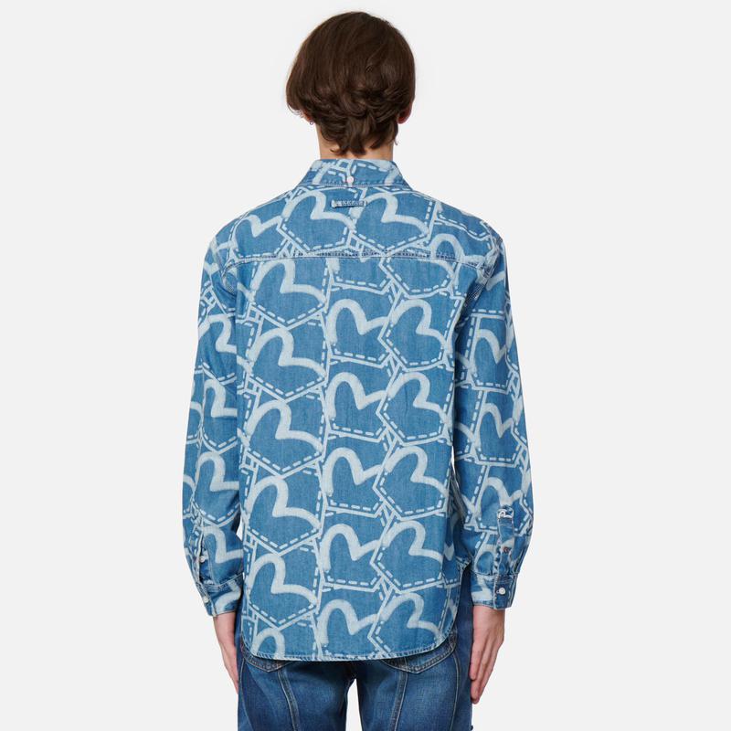 Evisu FW22 Рубашка с длинным рукавом с принтом по всей поверхности с карманами Мужские рубашки Джинсово-синий 2EAHTM2SL177RXDN