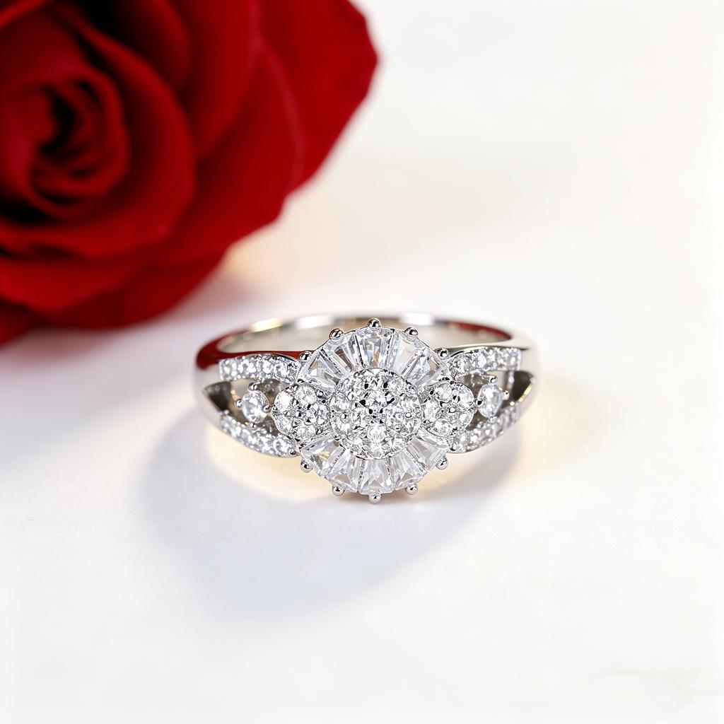 1A light luxury niche design floral ring for women Exquisite fully encrusted sparkling ring Versatile and stylish everyday commuter ring accessory