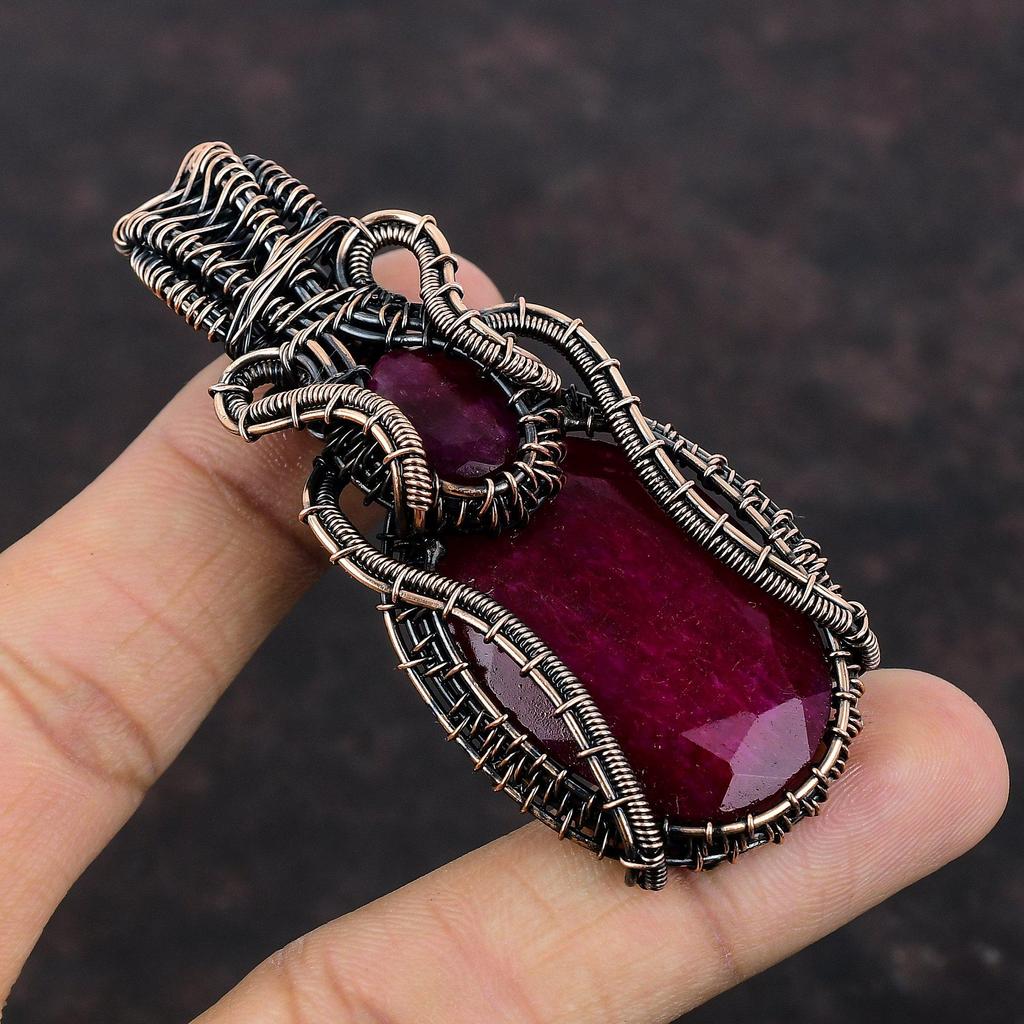 Граненый кашмирский рубиновый кулон, кулон из медной проволоки, кулон ручной работы, медная проволока, ювелирные изделия, кулон с драгоценным камнем, уникальный кулон для подарка