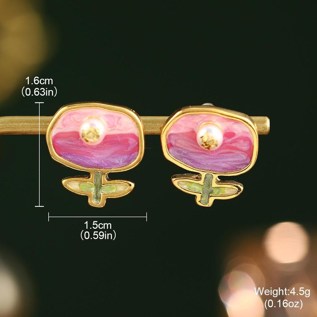 Серия картин Ван Гога и Моне: Серьги-пусеты «Французский цветок» из эмали с натуральным жемчугом, серебро 925 пробы, летняя коллекция.