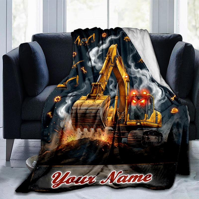 1PC Custom Name "Golden Excavator Adventure" flannel blanket versatile,all-season throw suitable for the living room,bedroom,camping,travel,and gift
