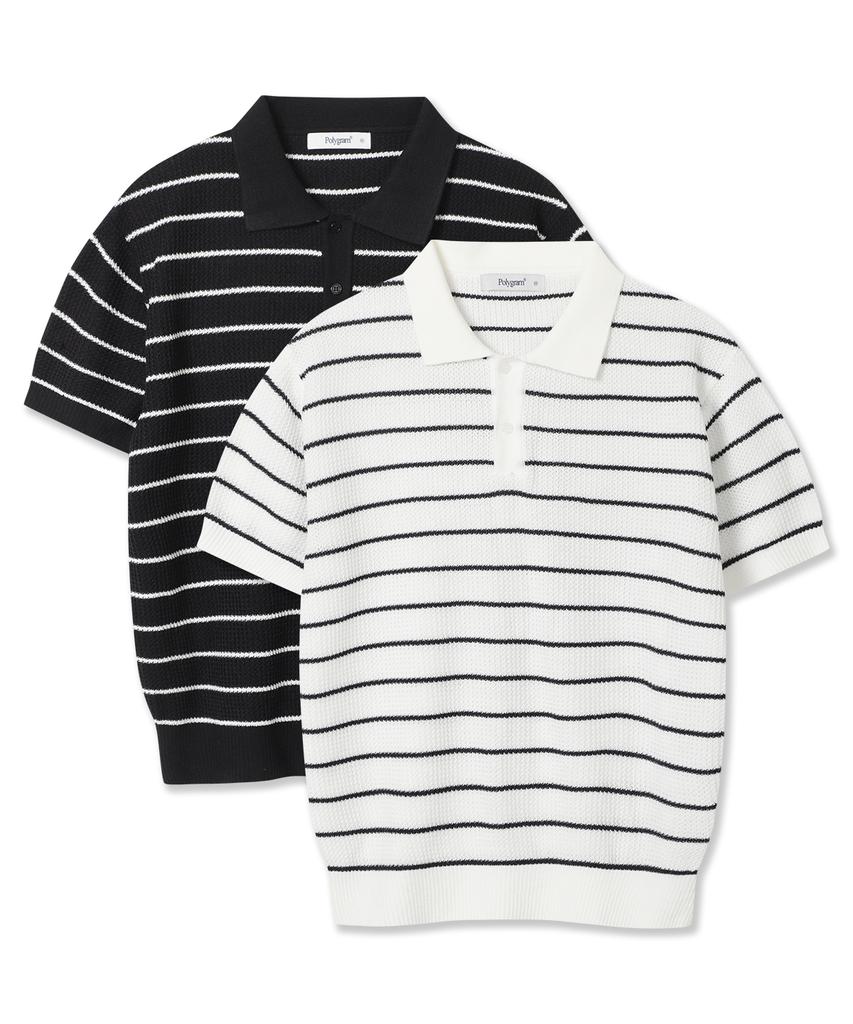 POLYGRAM Textured Striped Collared Short Sleeve Knit - 3 Colors