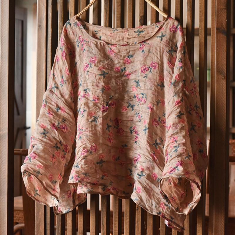 Johnature Women Vintage Print Floral T-Shirts O-Neck Long Sleeve Spring Loose Women Chinese Style T-Shirts
