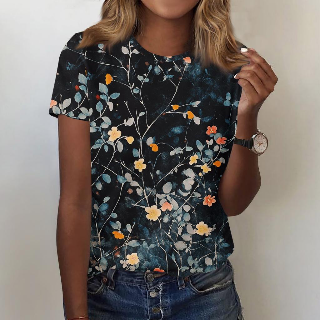 Women's Fashion Casual Printed Round Neck Short Sleeved T-Shirt Top T-Shirt Top Top