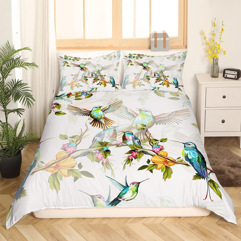 Пододеяльник с колибри и цветами, Постельный комплект с птицами, Синий, Зеленый, Весенний, Дикие животные, Ботанический, Чехол для одеяла, Полиэстер, Чехол для одеяла