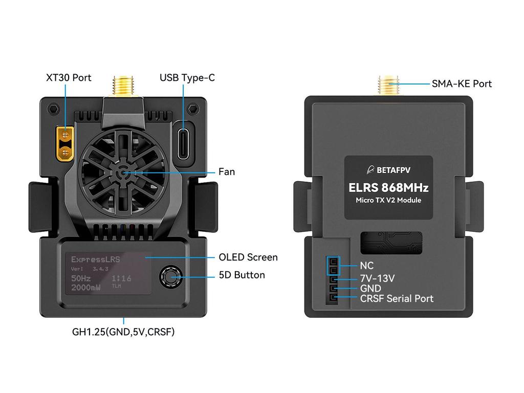 BETAFPV ELRS Микро Дальнобойный Высокочастотный Усилитель Сигнала для FPV Дрона (Поддержка 2.4/915/868 ГГц)