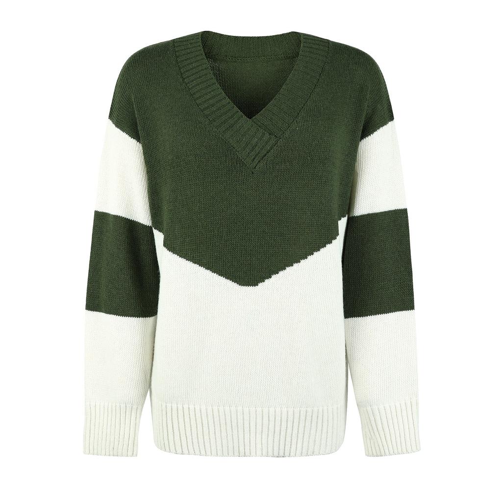 Women's Casual Fashion 2022 Long Sleeved Knitting Contrast Color Sweater Top