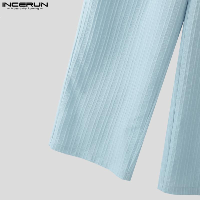 INCERUN Мужские комплекты из двух предметов: рубашка с коротким рукавом и текстурой, с V-образным вырезом, и длинные прямые брюки