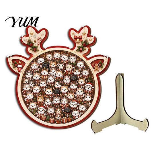 Decorative Puzzles Set Christmas Reindeer Jigsaw Puzzle Decoration, Santa Claus Cat Elk Theme Seasonal Toy, Festive Wooden for Holiday Gift