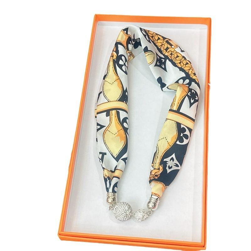 Silk Scarf Women's Spring, Autumn and Summer New Fashion Neck Protection Decoration Long Necklace Type Magnetic Buckle Scarf Small Scarf