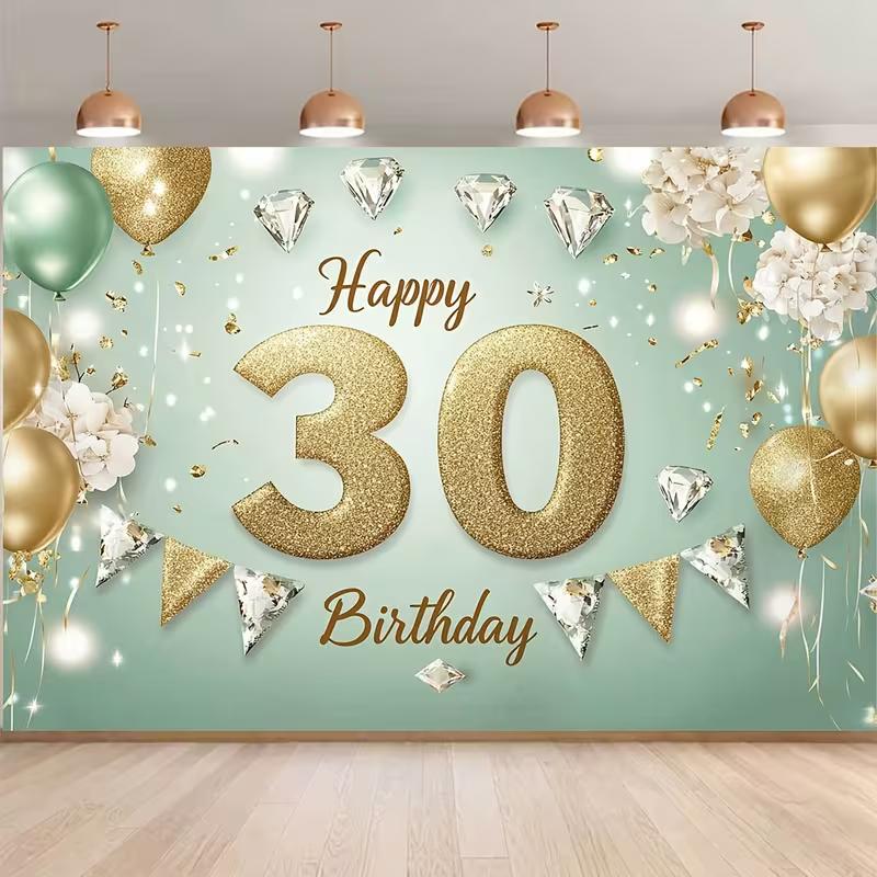 2D 30th Birthday Party Backdrop, Mint Green Gold Glitter Decoration Background