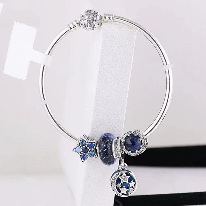 925 Sterling Silver Blue Star Pendant Glass Beads With Snowflake Button Bracelet For Women's Wedding Party Gift Jewelry