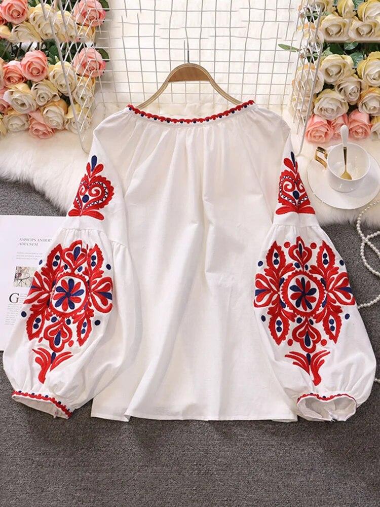 Sweet Style Women Pullover Shirts Embroidery Patchwork Bandage V-neck Lantern Sleeve Spring Summer 2024 New Blouse