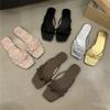 Spring 2025 New Flat-bottomed Cool Slippers Square Head Fairy Style with Skirt Strap Cover Toe Silver Sandals Women's Shoes