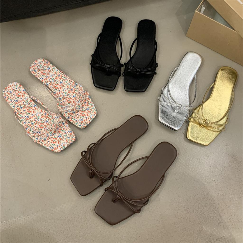 Spring 2025 New Flat-bottomed Cool Slippers Square Head Fairy Style with Skirt Strap Cover Toe Silver Sandals Women's Shoes