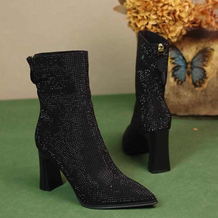 Женские ботильоны на высоком каблуке с кристаллами, роскошные туфли с острым носком, новинка зимнего тренда, элегантные туфли для вечеринок, модные туфли Chelsea Botas Mujer