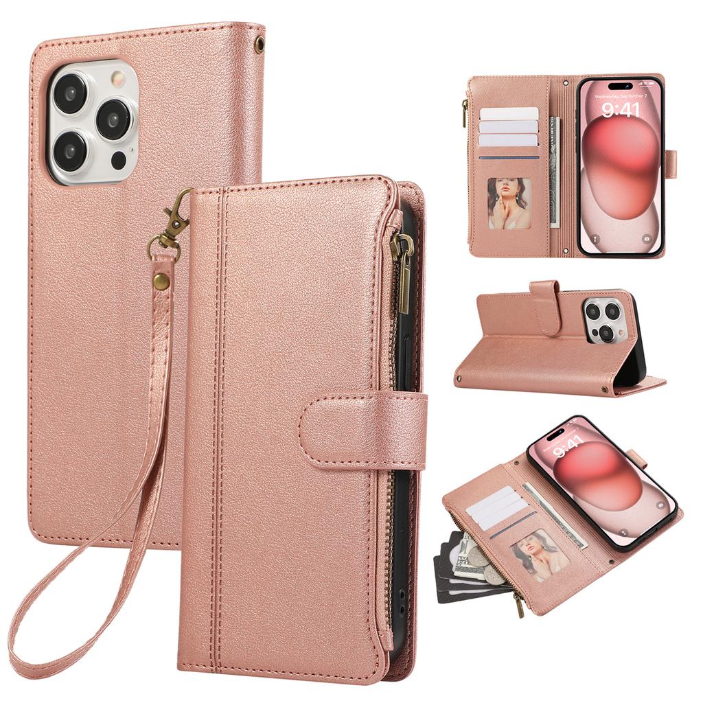 For iPhone 15 Pro Case Multi Card Slots Zipper Leather Phone Cover with Wrist Strap