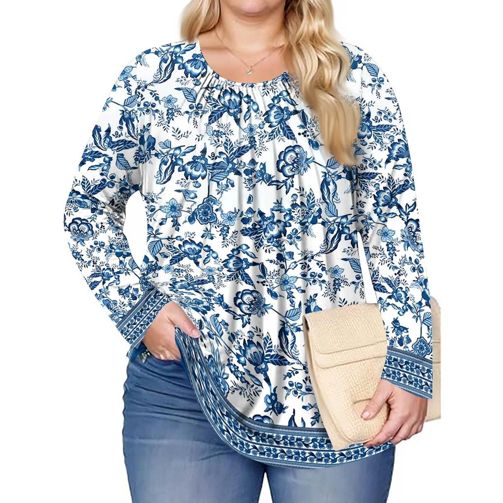 Women's Plus Size Fashion Printed Casual Pleated Round Neck Long Sleeve Top
