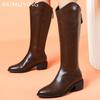 Массивные женские высокие сапоги из кожи с острым носком на среднем каблуке в стиле ретро 2025 года, модные зимние классические туфли до колена для мотоциклистов Botas De Mujer