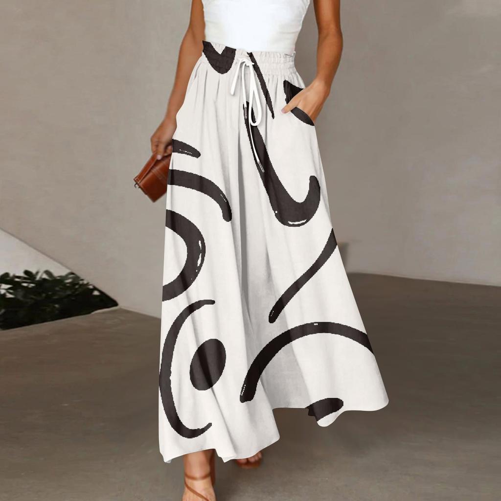 Женские брюки в стиле бохо с эластичным принтом и высокой талией, повседневные широкие брюки, длинные брюки с карманом