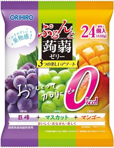 Orihiro Purun to Konnyaku Jelly Pouch, Large Bag, Zero Calories, Kyoho Grape + Muscat Grape + Mango, 24 pieces