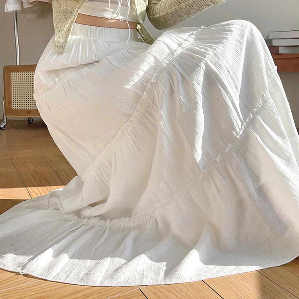 White Summer Clothing High Waist Long A-Line Pleated Skirts Cake Dress Tutu Puffy Skirt Streetwwear Sweat Girls