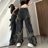 Женские синие джинсы контрастных цветов с высокой талией, американские уличные широкие брюки, модные винтажные прямые осенние брюки в стиле хип-хоп