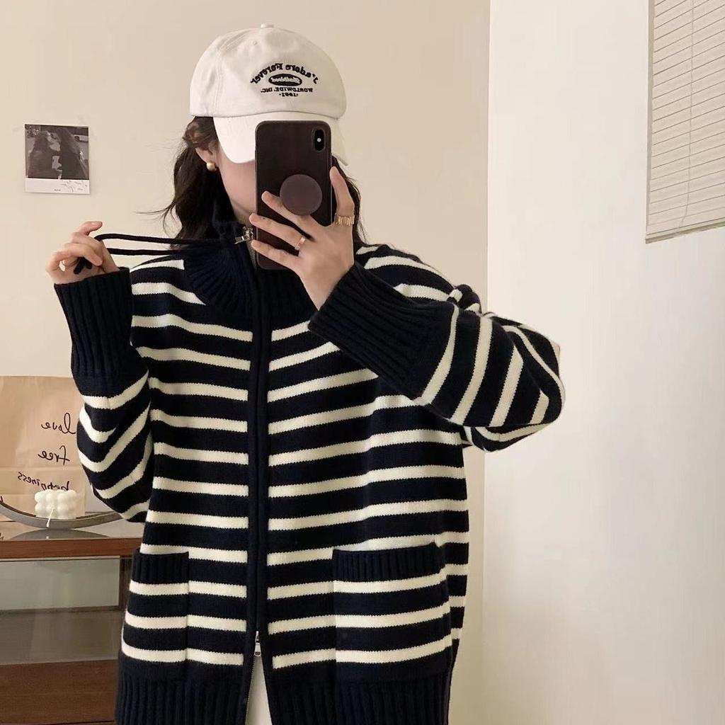 Autumn Winter New Women's Korean Version Loose Fashionable Polo Collar Striped Knitted Cardigan Warm Zipper Sweater Jacket