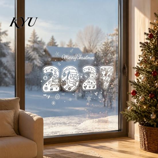 New Year 2027 Party Decor 4PCS Christmas Static Window Clings, Nordic Snow Town Holiday Home Accents Snowflake Stickers, Reusable Glass Decals