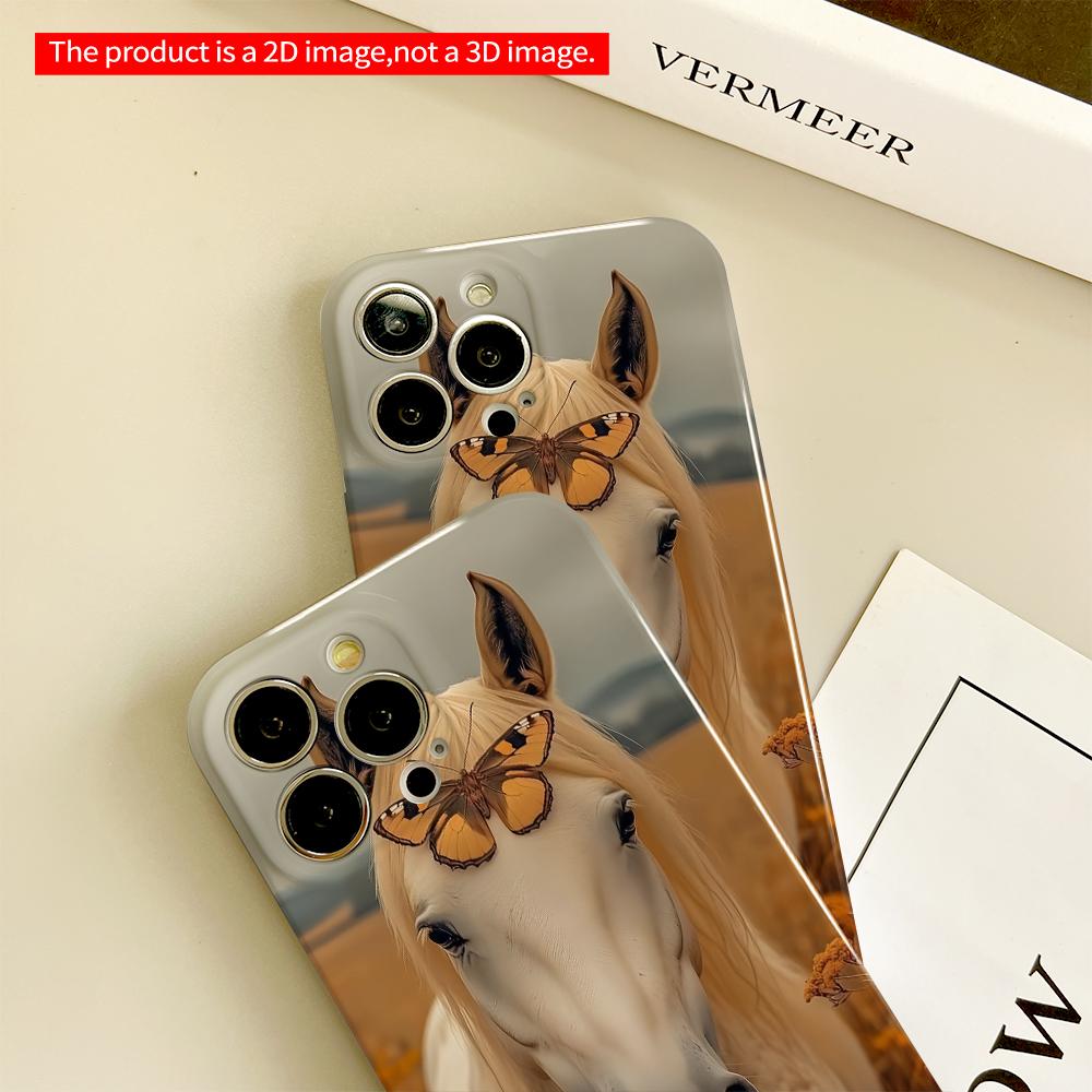 2DFlat Butterfly on White Horse in Golden Field All inclusive film hard phone case, compatible with iPhone 18 Pro Max 17 16 15 14 13 12 11