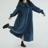 Платье свободного кроя с длинными рукавами и однотонным темно-синим воротником. Женское осеннее винтажное вельветовое облегающее однобортное платье в стиле «атмосфера»