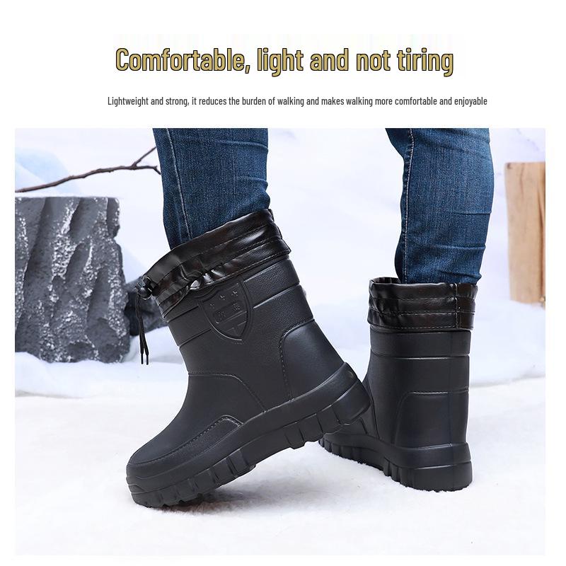 Водонепроницаемые дождевые сапоги до середины икры на флисовой подкладке, теплые и утолщенные с кулиской для защиты от зимнего снега. Подходит для использования на открытом воздухе.