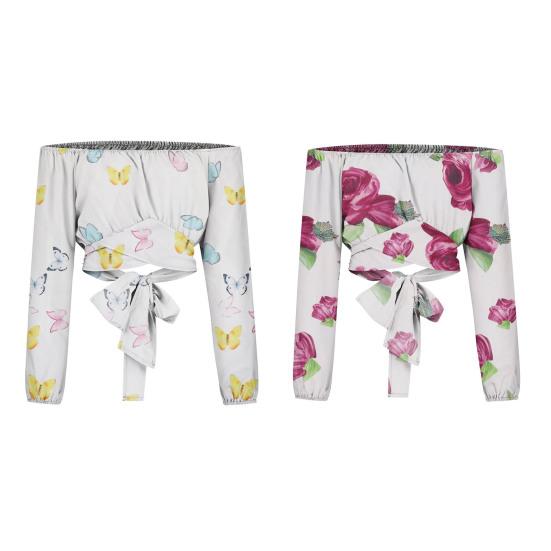 Women Top Sexy Off Shoulder Strapless Long Sleeves Butterflies Rose Flower Print Back Lace-up Slim Cropped Ladies Shirt Blouse Streetwear