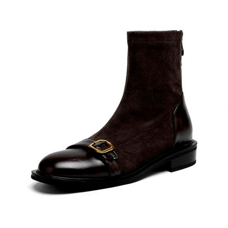 Krazing Po Микрофибра Флок Зима Круглый Носок Размер 33 Ботильоны Челси Размер 43 Молния Металлическая Пряжка Низкий Каблук Ботильоны