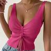 New Summer Women Drawstring Front Ribbed Knit Tops Femme Sexy V Neck Sleeveless Crop Top Clothes High Stretch Split Cropped Tank