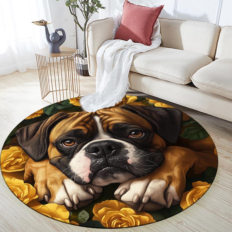 Boxer and Flowers pattern round rug,Carpet Rug for Living Room Bedroom  Playroom ,Non-slip Floor Mat,Holiday Gifts and Birthday Gifts.