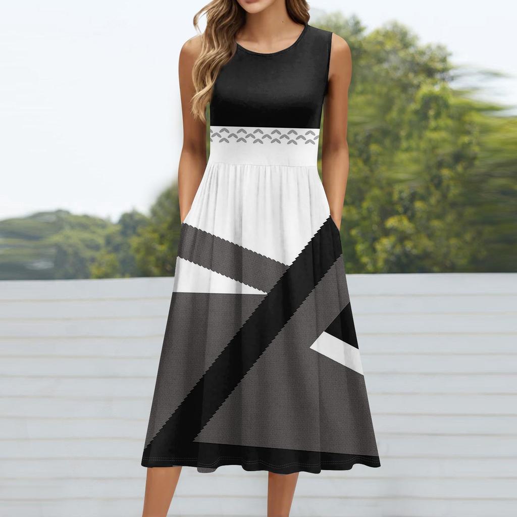 Женское модное платье средней длины с круглым вырезом и принтом без рукавов