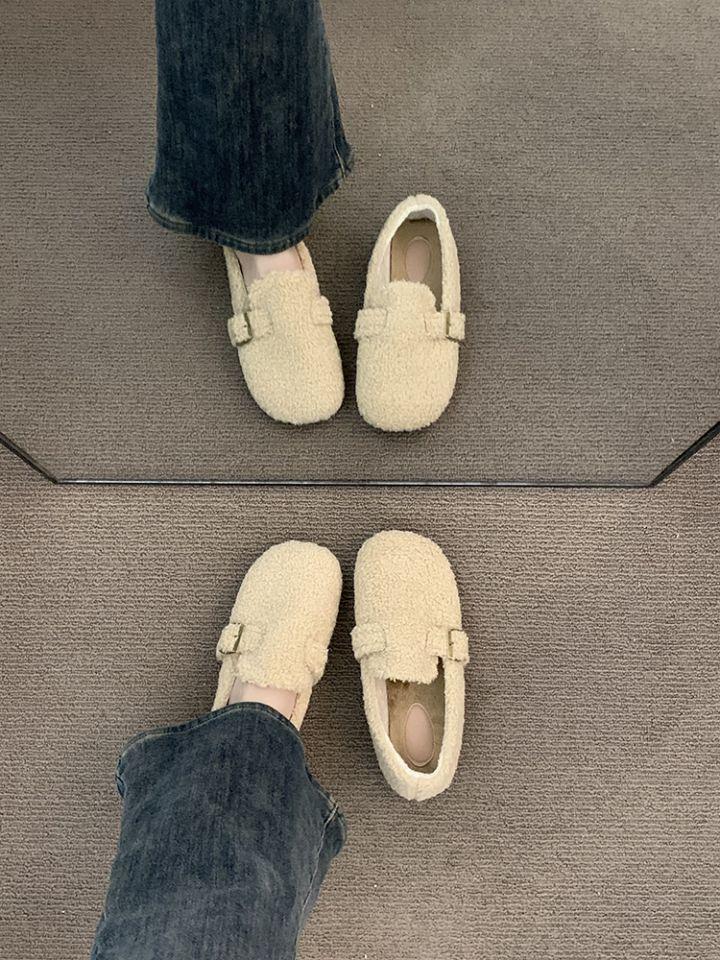 Пушистые туфли на плоской подошве для женской верхней одежды 2025 новая осень и зима обувь на одной педали с мехом нежный белый Мэри Джейн хлопковые туфли