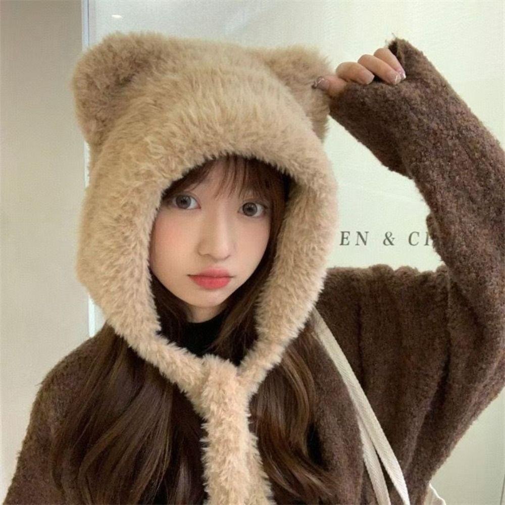 Warm Bear Ears Knit Hat Slouchy Plush Beanie Cap Cute Ear Protection Hat  Cold Weather