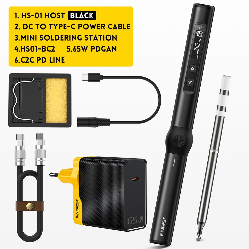 FNIRSI HS-01 Умный электрический паяльник PD 65 Вт, регулируемая постоянная температура, быстрый нагрев, портативная паяльная станция, комплект