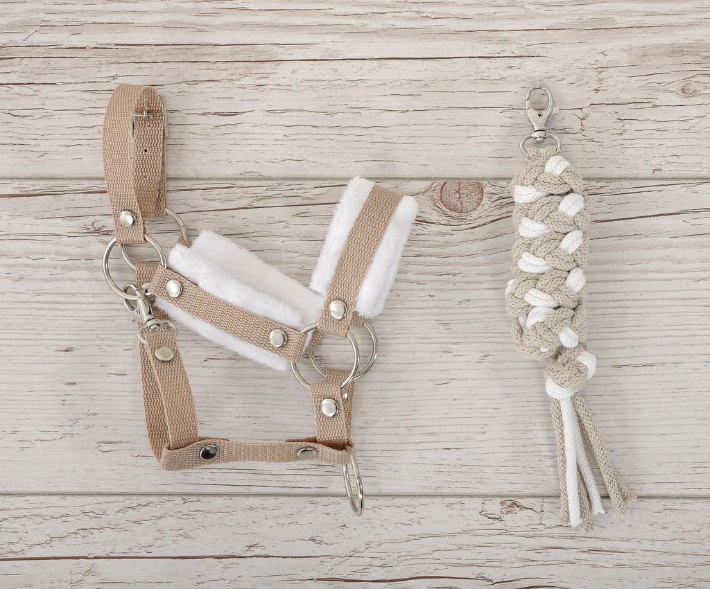 Hobby Horse Set: A3 Halter with White Fur + Rope Lead - White and Beige